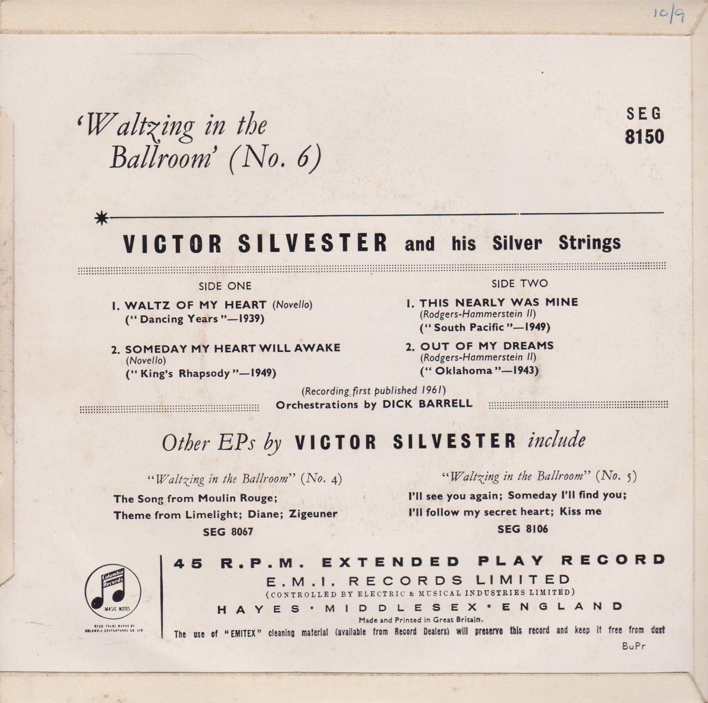Victor Silvester and His Silver Strings – Waltzing In The Ballroom (No.6) 7" vinyl P/S EP VG/VG