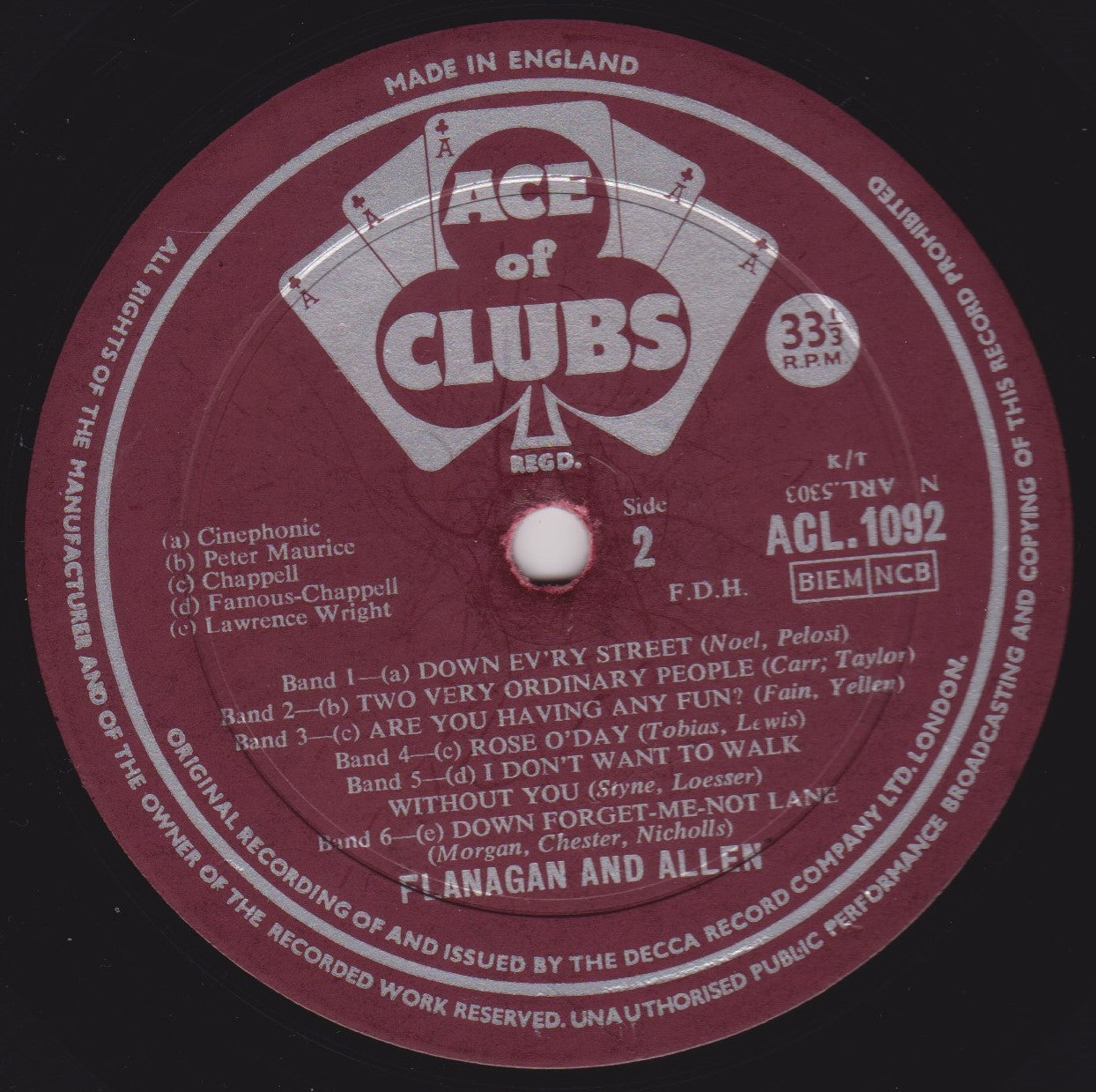 Flanagan & Allen – Down Forget-Me-Not Lane (Ace Of Clubs) 12" vinyl LP VG/VG