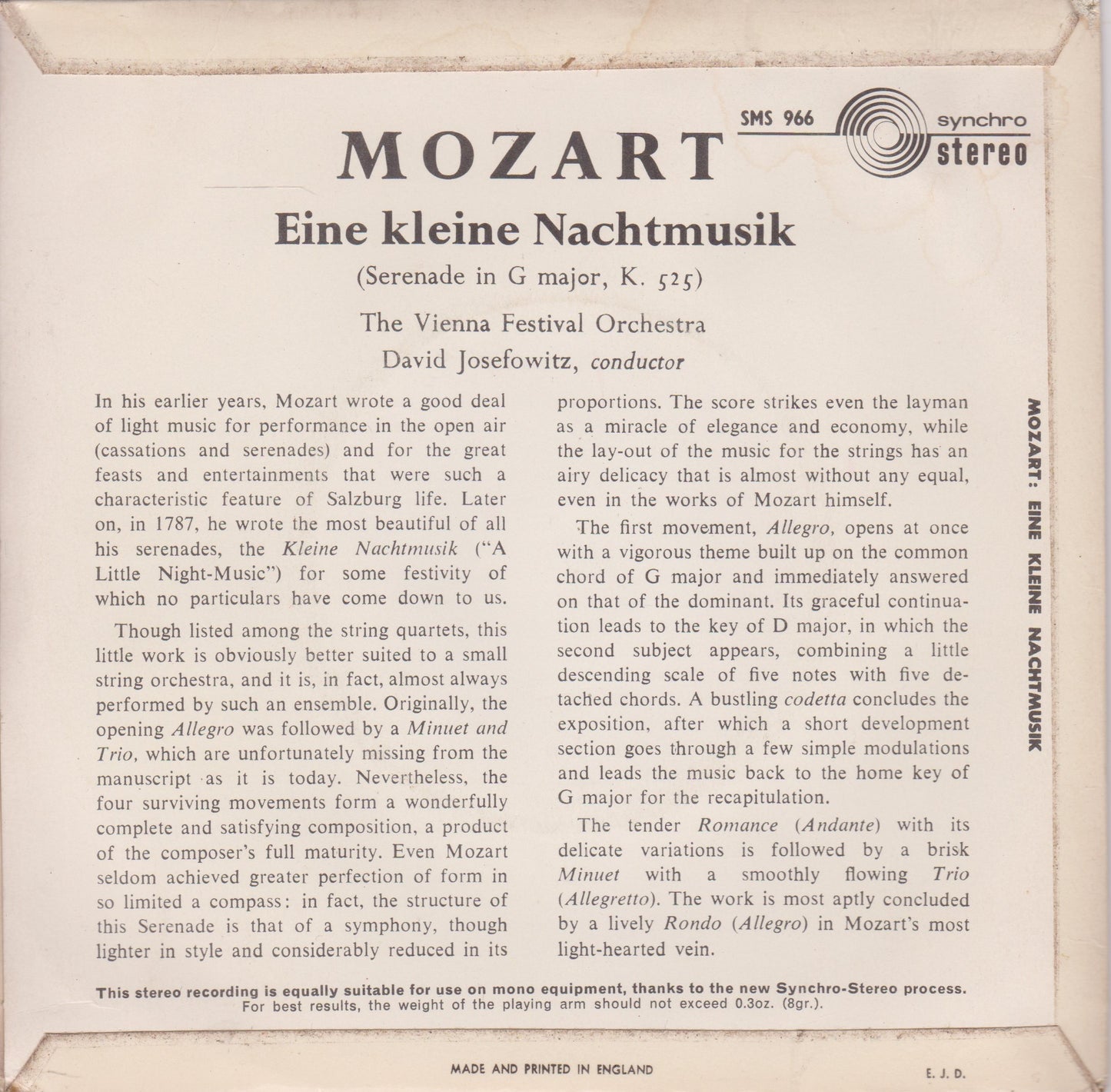 Mozart - Vienna Festival Orchestra, David Josefowitz – Eine Kleine Nachtmusik 7" vinyl EP VG/VG