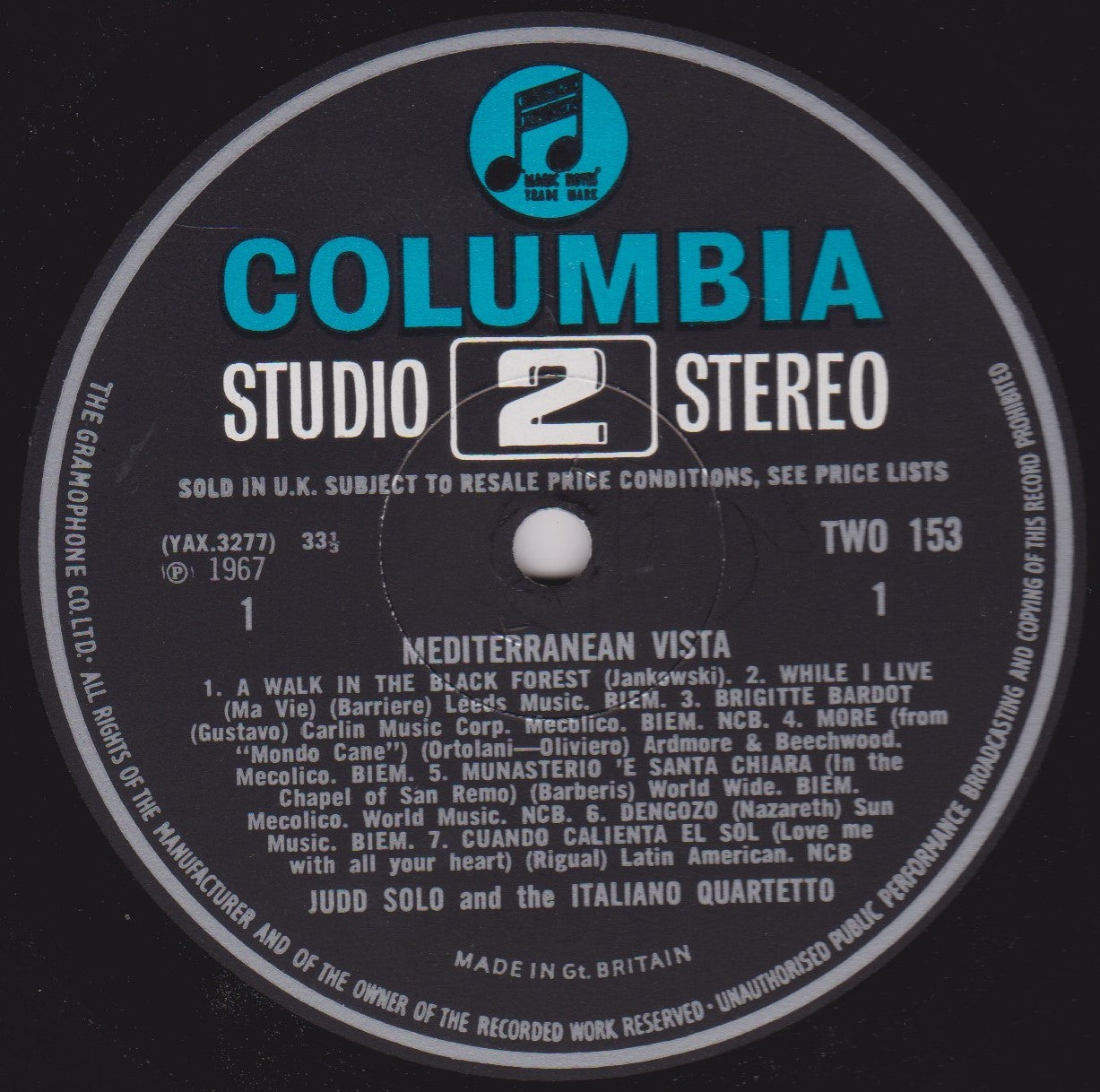 Judd Solo And The Italiano Quartetto – Mediterranean Vista (1967) 12" vinyl LP VG/VG