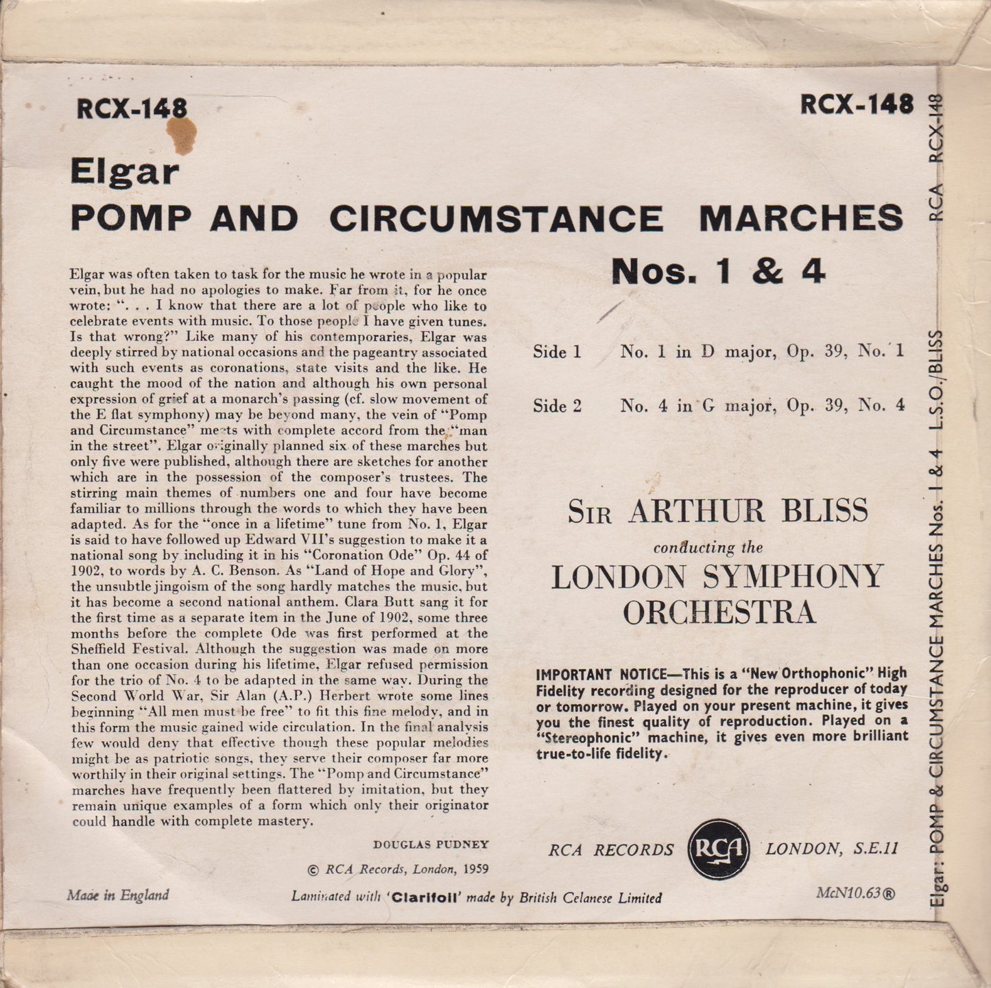 Elgar, Bliss - Pomp And Circumstance Marches Nos. 1 & 4 7" vinyl P/S EP G/G+