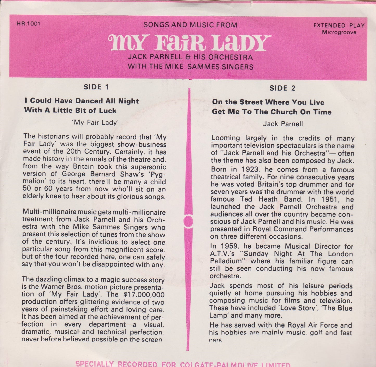 Jack Parnell & His Orchestra – My Fair Lady (Hanover 1966) 7" vinyl P/S EP VG/VG