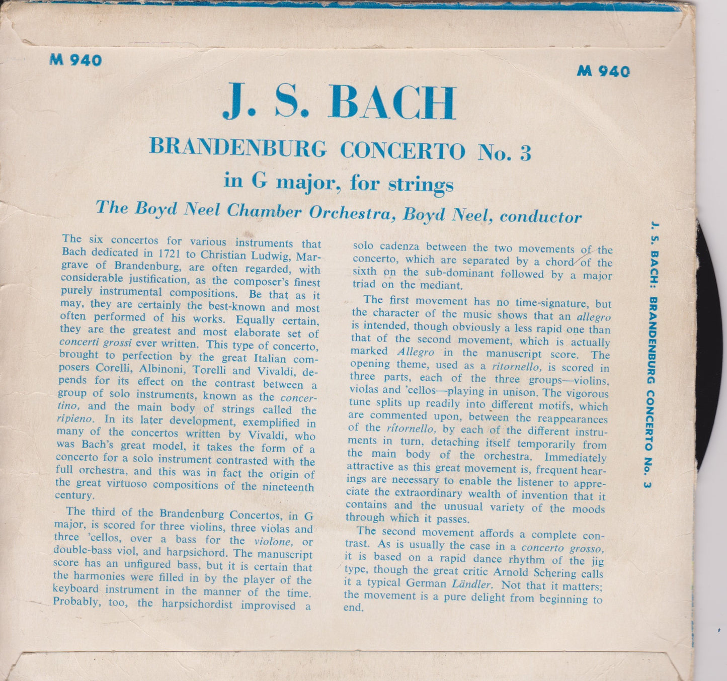J.S. Bach, Boyd Neel Chamber Orchestra – Brandenburg Concerto Nr. 3 7" vinyl P/S EP VG/G+