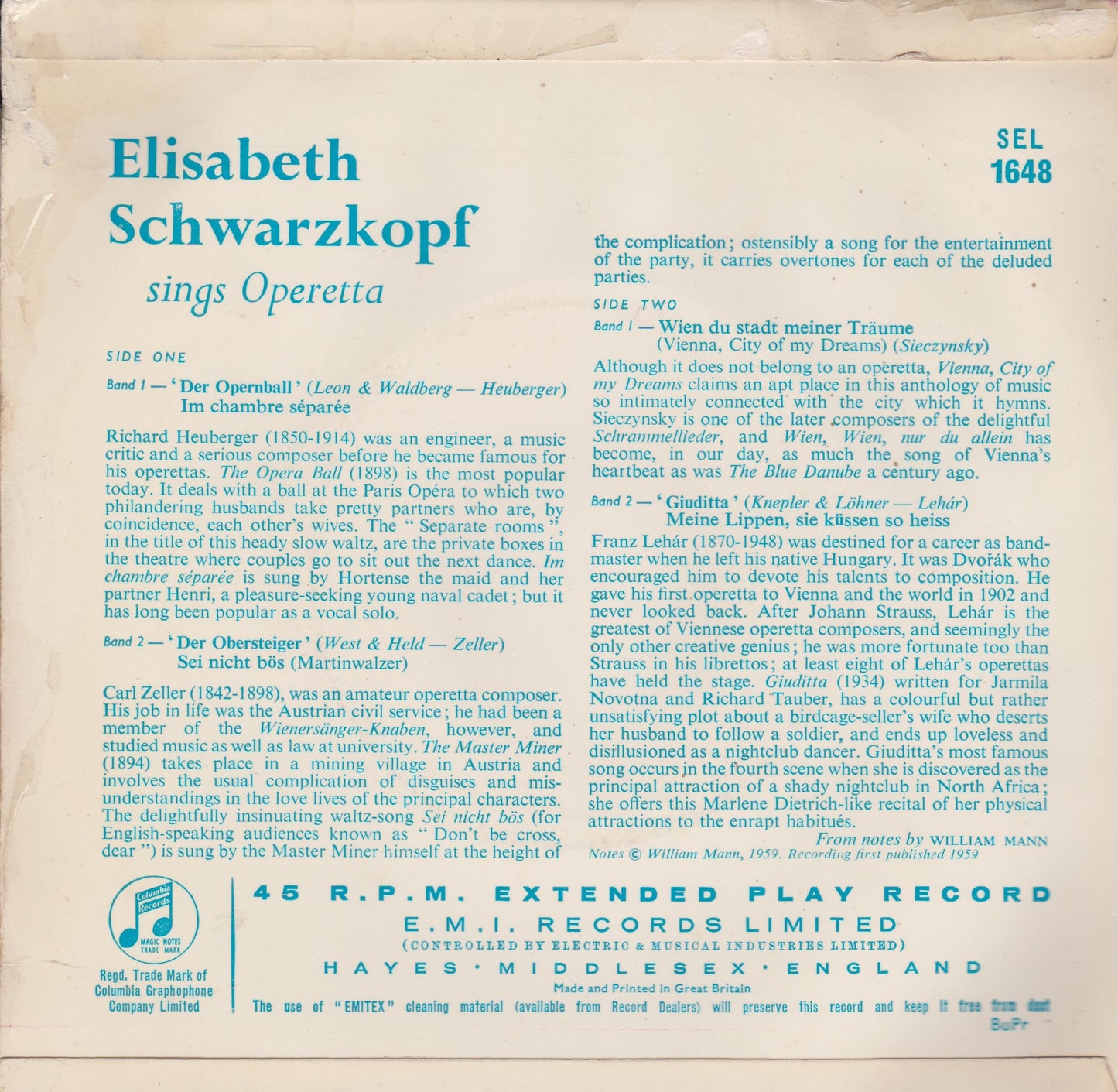 Elisabeth Schwarzkopf – Sings Operetta (Columbia 1960) 7" vinyl P/S EP VG/G