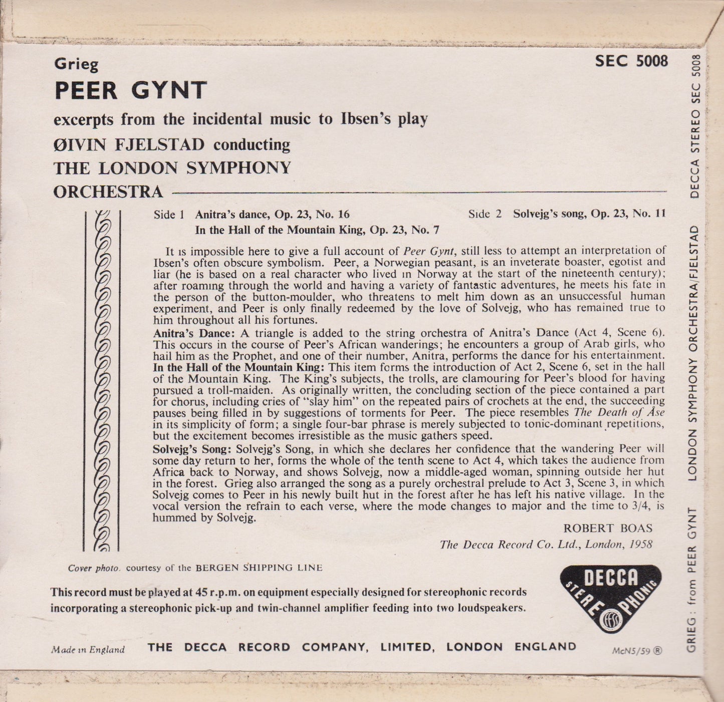 Grieg, LSO, Fjeldstad – Peer Gynt Excerpts (Decca 1958) 7" vinyl P/S EP VG/VG