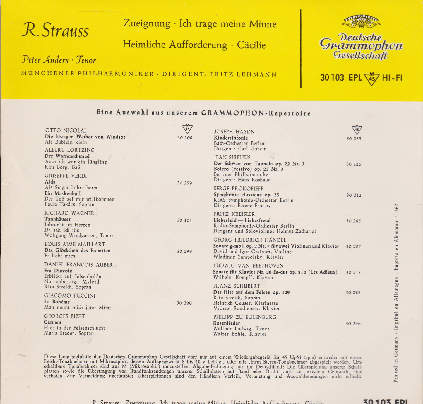 R. Strauss – Zueignung (Deutsche Grammophon) 7" vinyl P/S EP VG/VG