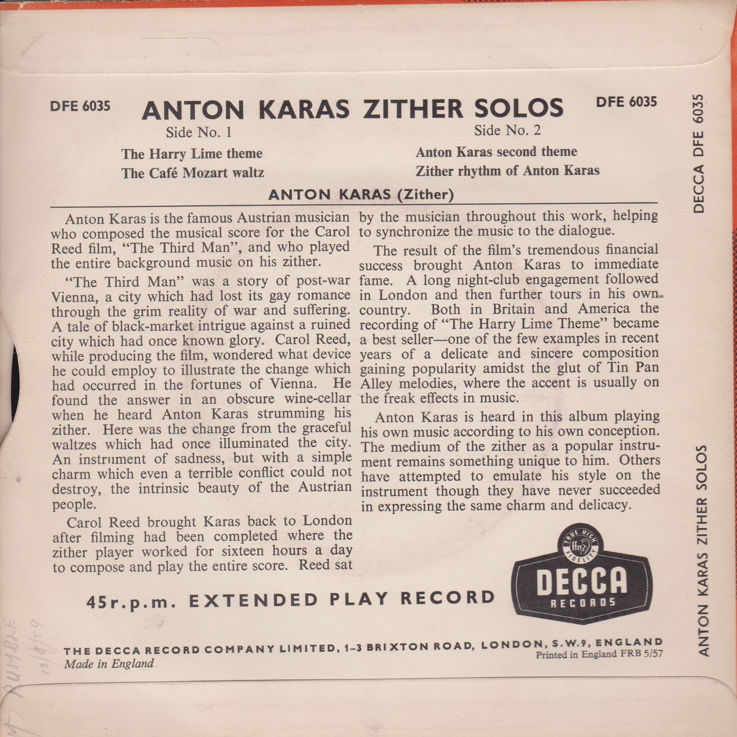 Anton Karas – Zither Solos (Decca 1955) 7" vinyl P/S EP VG/VG