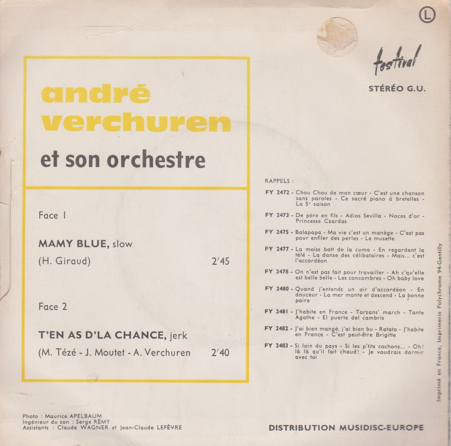 André Verchuren – Mamy Blue / T'en As D'la Chance (1971) 7" vinyl P/S single VG/VG French