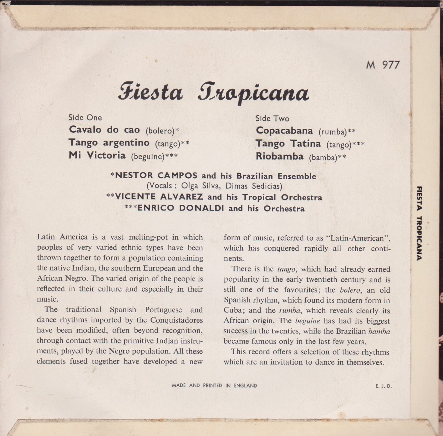 Various – Fiesta Tropicana - Dances From South America 7" vinyl P/S EP VG/VG