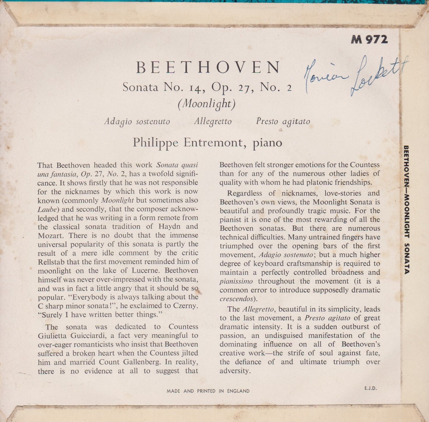 Ludwig van Beethoven – Sonata No. 14 In C Sharp Minor, "Moonlight" 7" vinyl P/S EP VG/VG