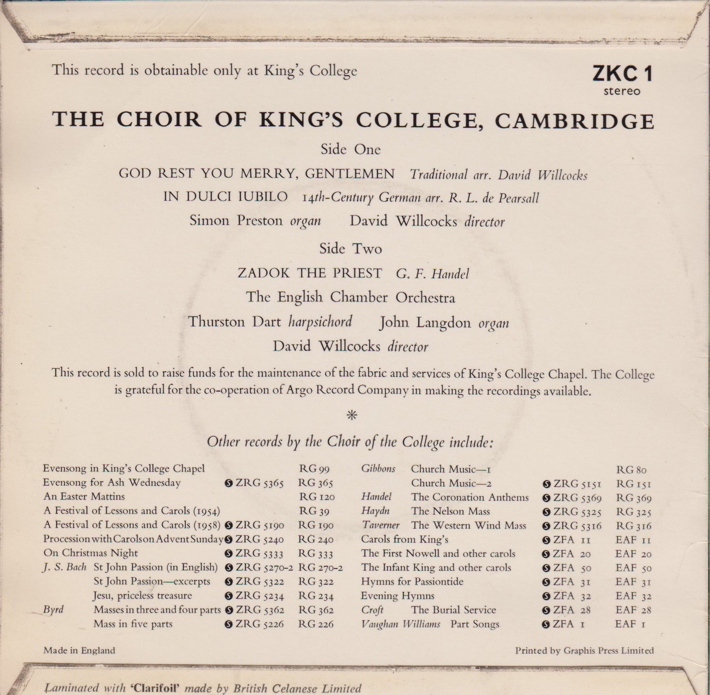 The Choir Of King's College, Cambridge (1959) 7" vinyl P/S EP VG/VG