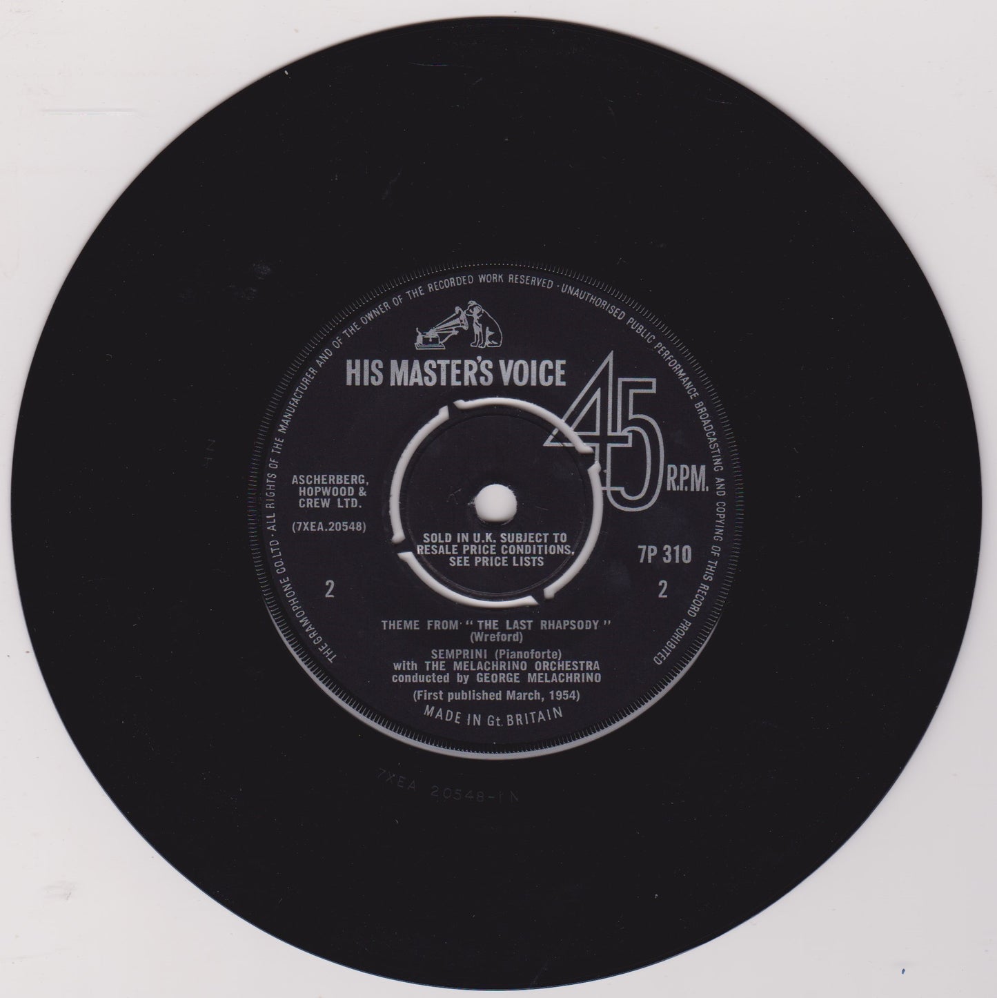 Semprini, Melachrino Orchestra – 18th Variation And Theme From The Last Rhapsody 7" vinyl single P/S VG/VG