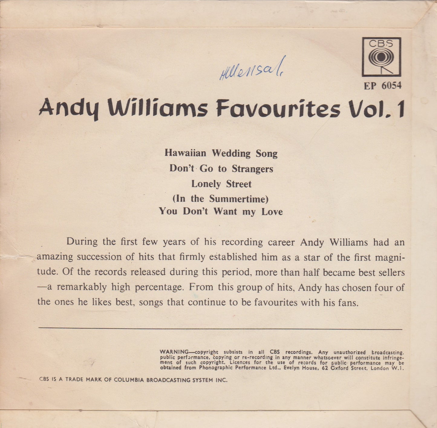 Andy Williams – Andy Williams Favourites Volume 1 (CBS 1956) 7" vinyl P/S EP VG/VG