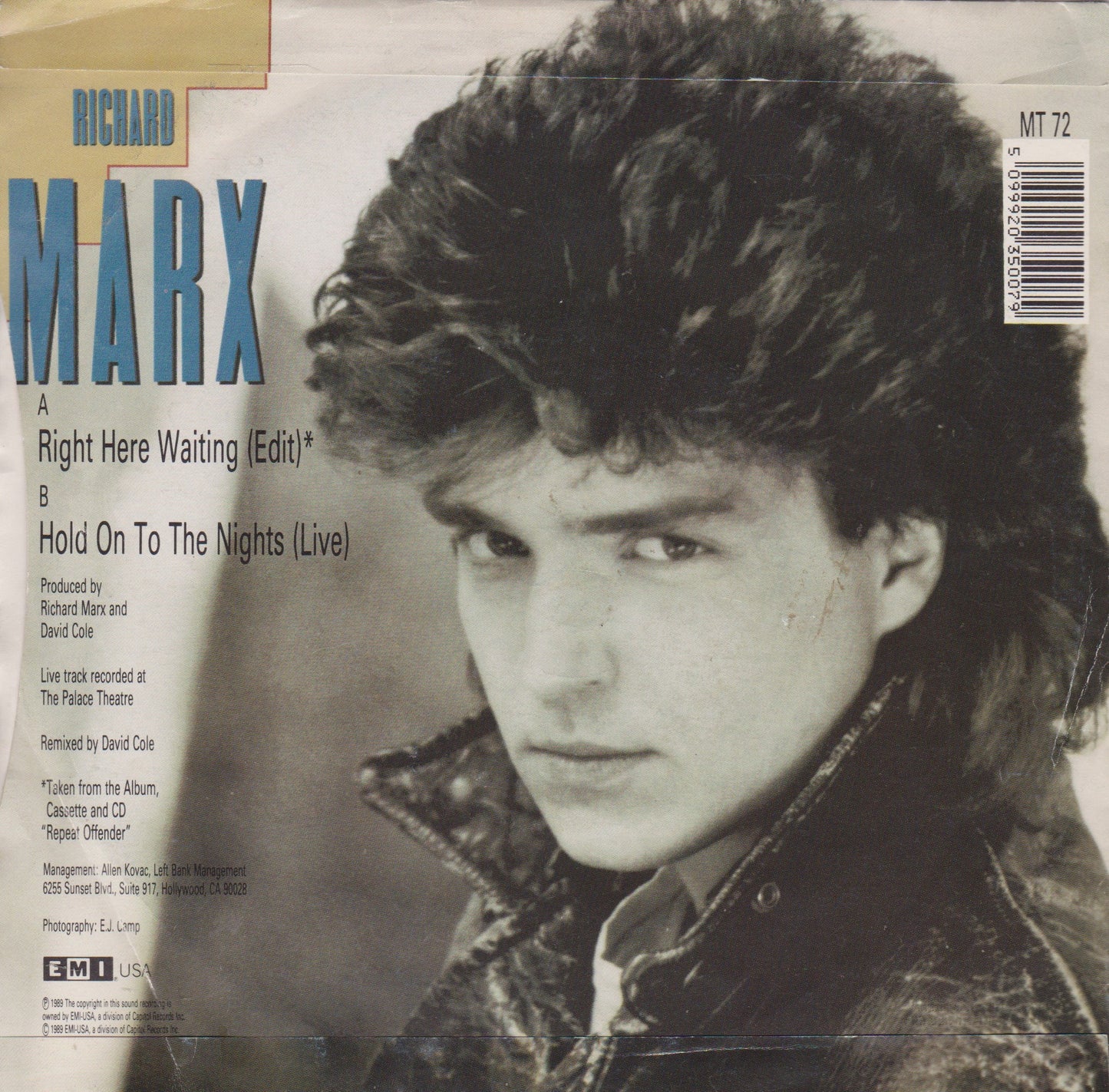 Richard Marx – Right Here Waiting (EMI 1989) 7" vinyl P/S single VG/VG
