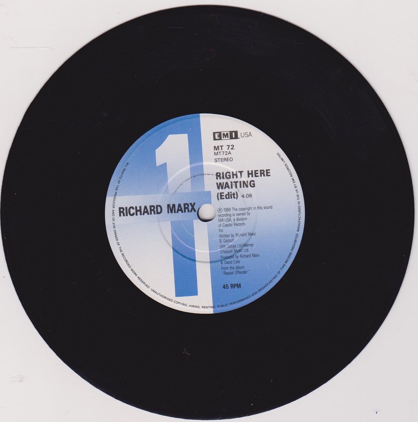 Richard Marx – Right Here Waiting (EMI 1989) 7" vinyl P/S single VG/VG