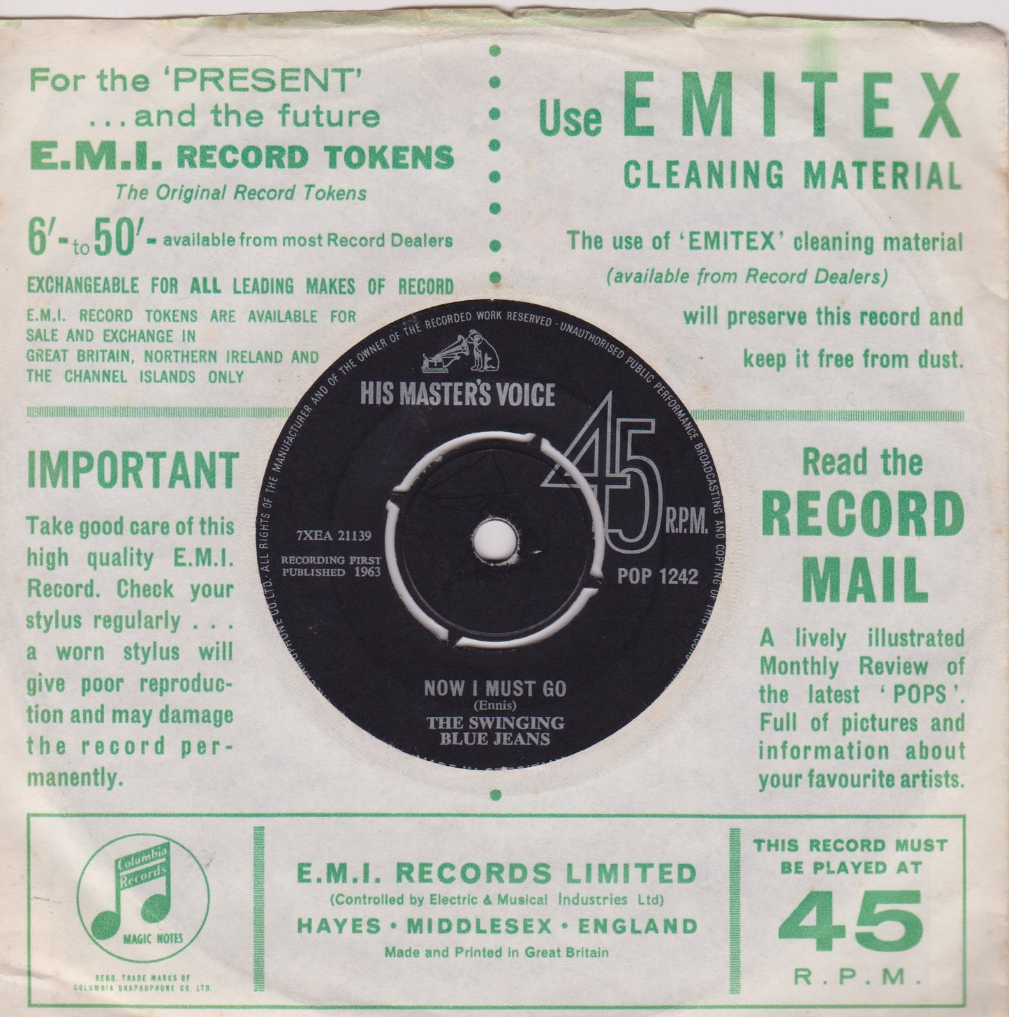 The Swinging Blue Jeans – Hippy Hippy Shake (HMV 1963) 7" vinyl single VG/VG