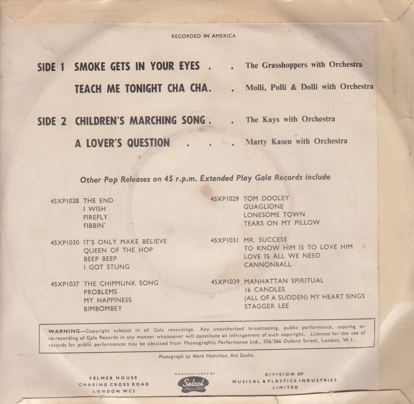 Various – America's Top Pops (Gala 1959) 7" vinyl P/S EP VG/VG