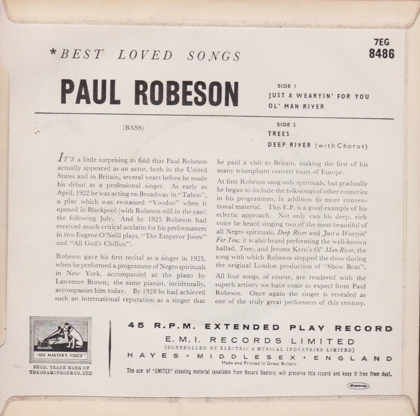 Paul Robeson – Best Loved Songs (HMV) 7" vinyl P/S EP VG/VG repress