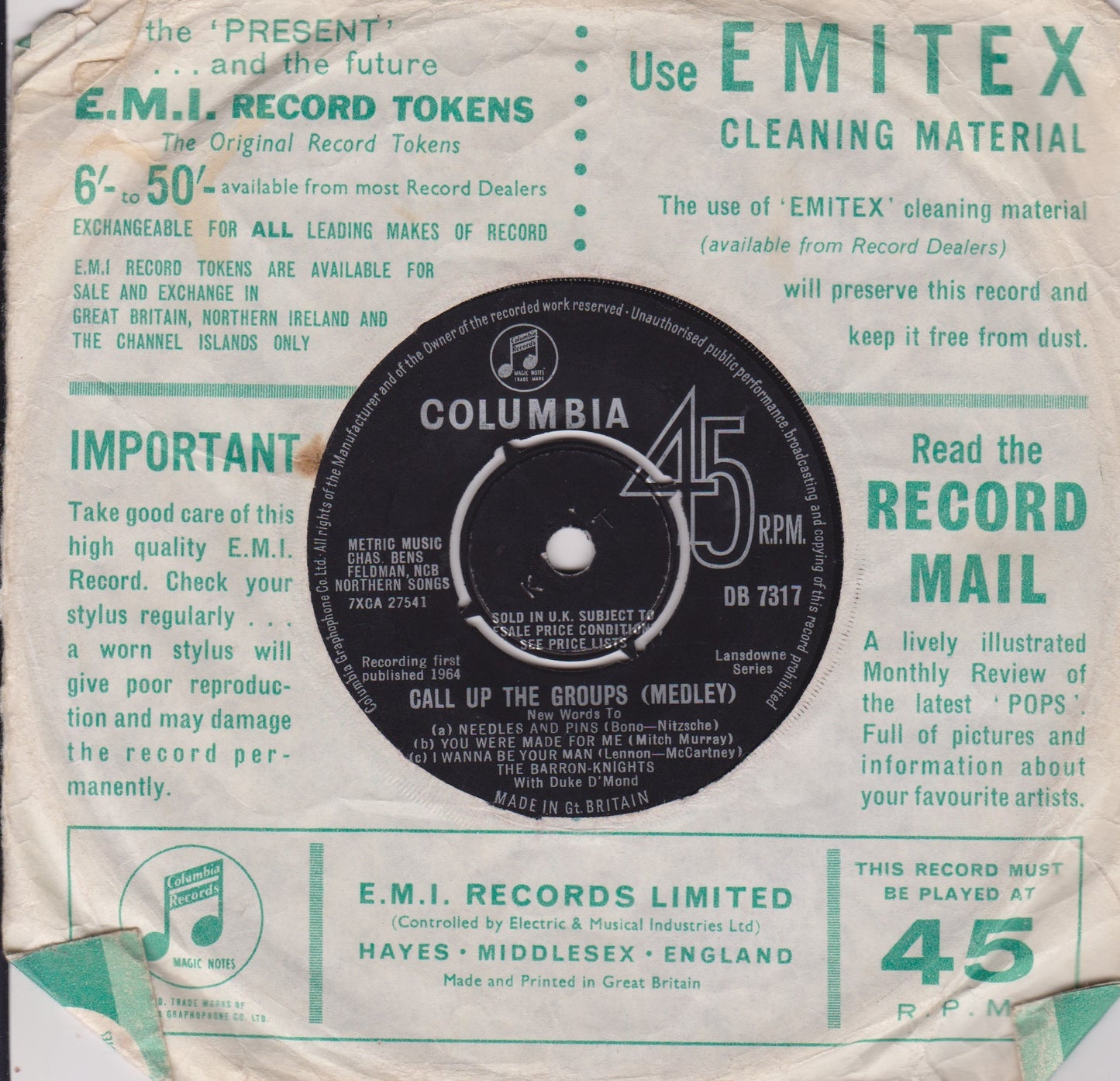 The Barron-Knights With Duke D'Mond – Call Up The Groups (Medley) 7" vinyl single G+/P