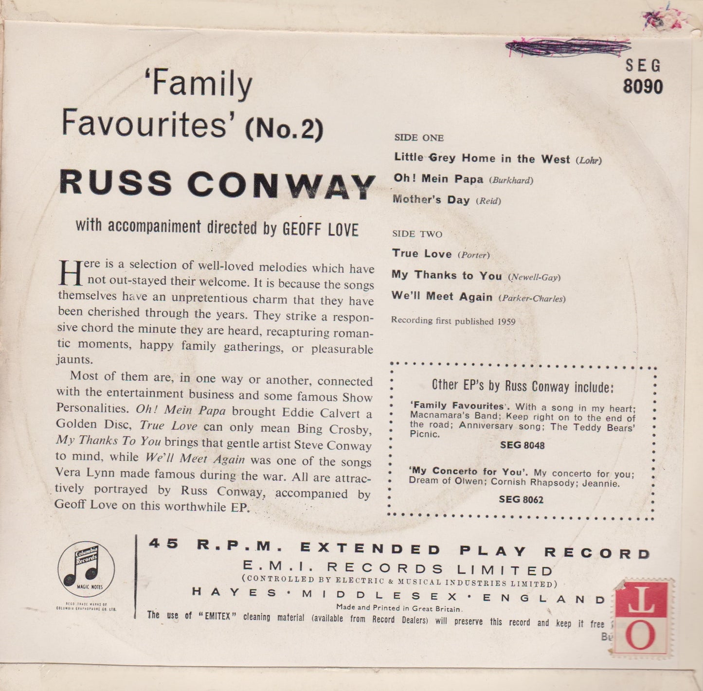 Russ Conway – Family Favourites (No. 2) (Columbia 1961) 7" vinyl P/S EP VG/VG