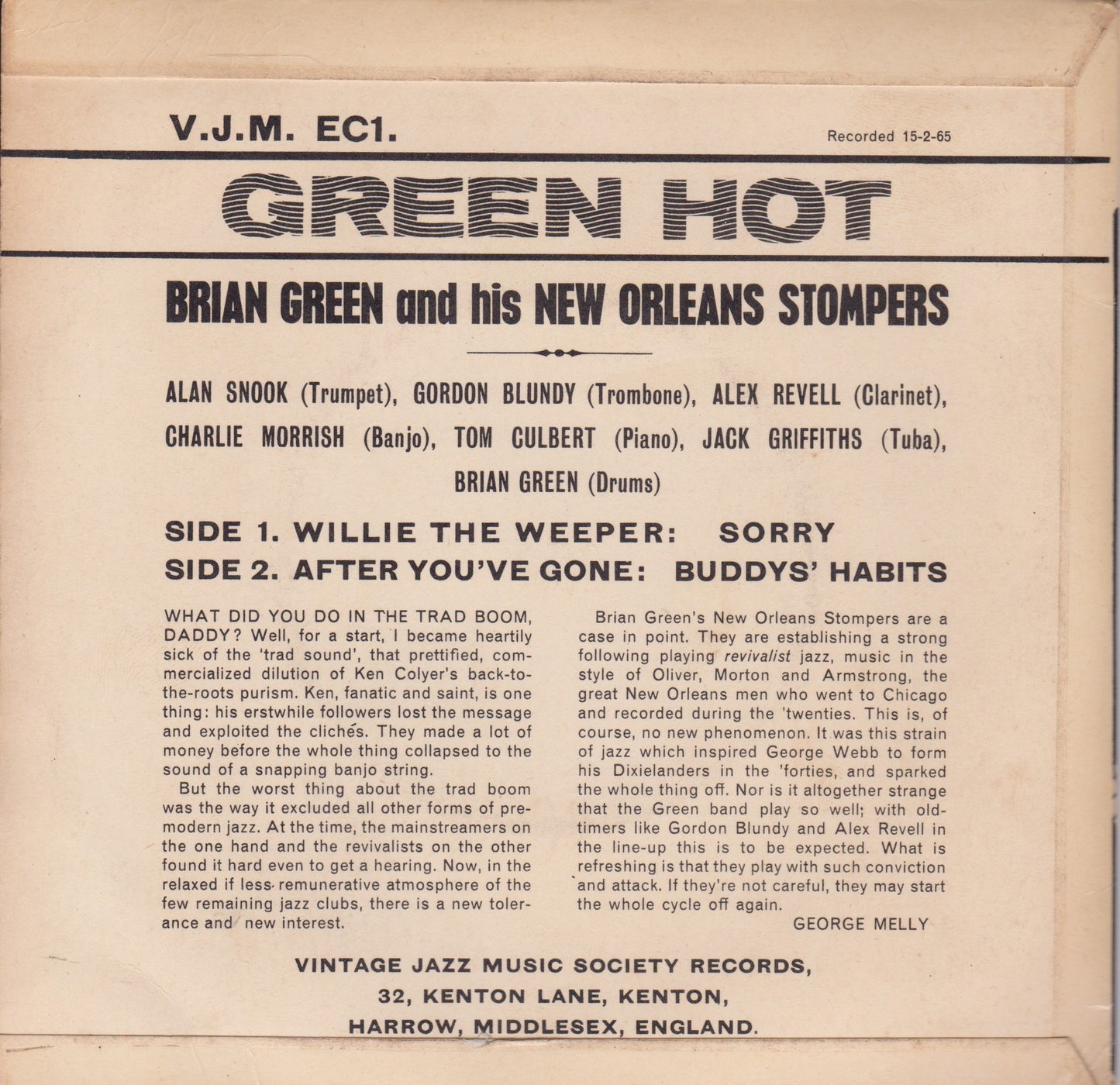 Brian Green & His New Orleans Stompers – Green Hot 7" vinyl P/S EP VG/VG