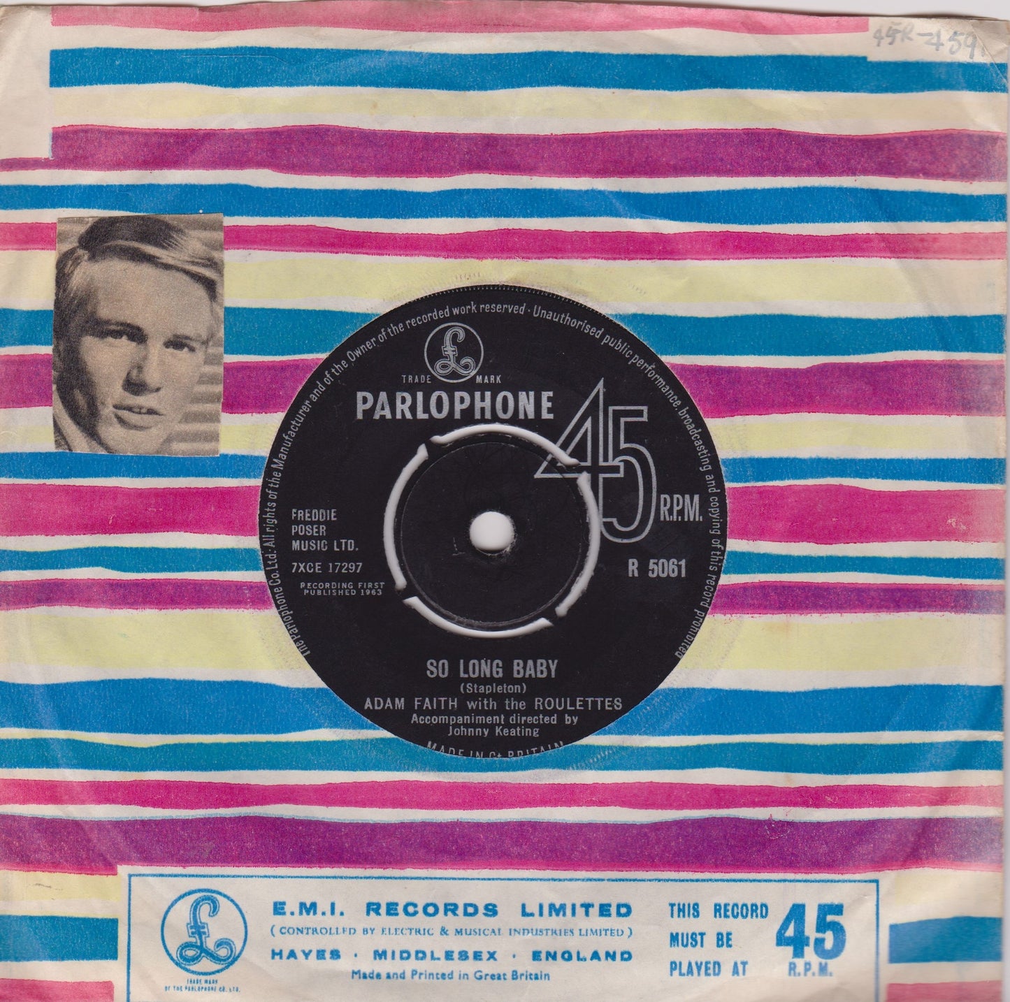 Adam Faith With The Roulettes – So Long Baby (1963) 7" vinyl single VG/VG