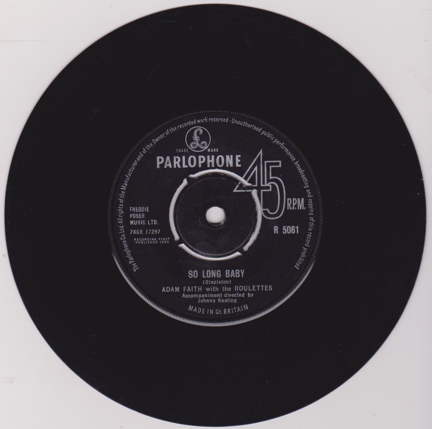 Adam Faith With The Roulettes – So Long Baby (1963) 7" vinyl single VG/VG