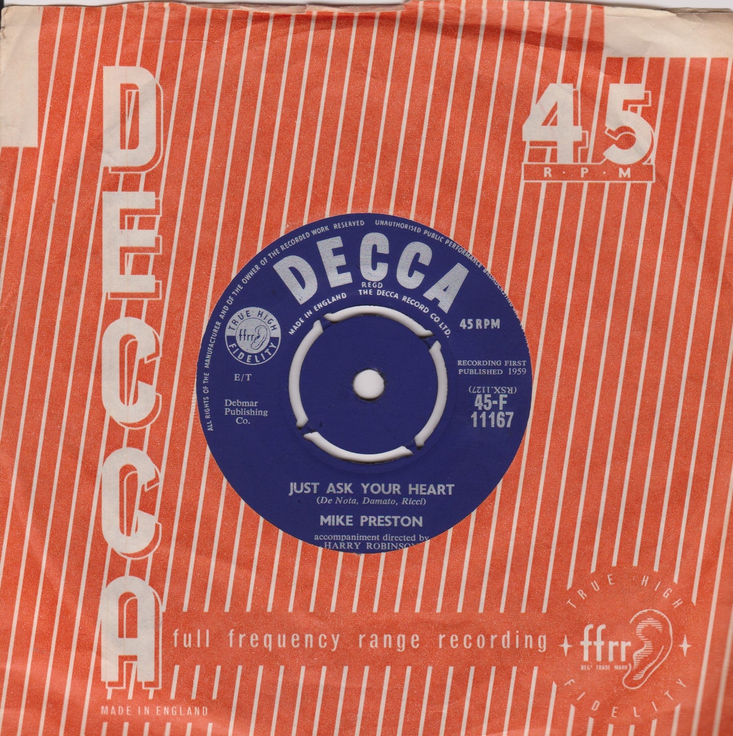 Mike Preston – Mr. Blue (Decca 1959) 7" vinyl single VG/VG