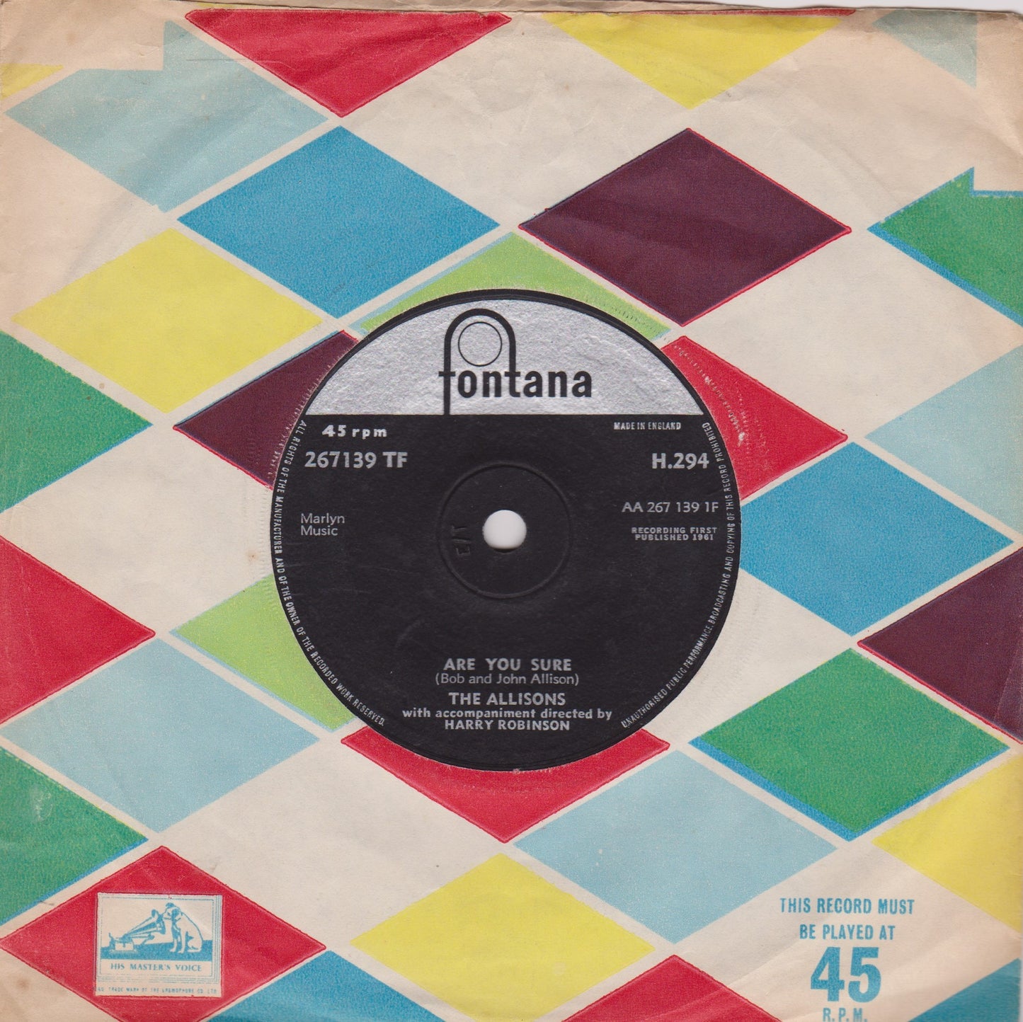 The Allisons – Are You Sure (Fontana 1961) 7" vinyl single VG/- solid centre
