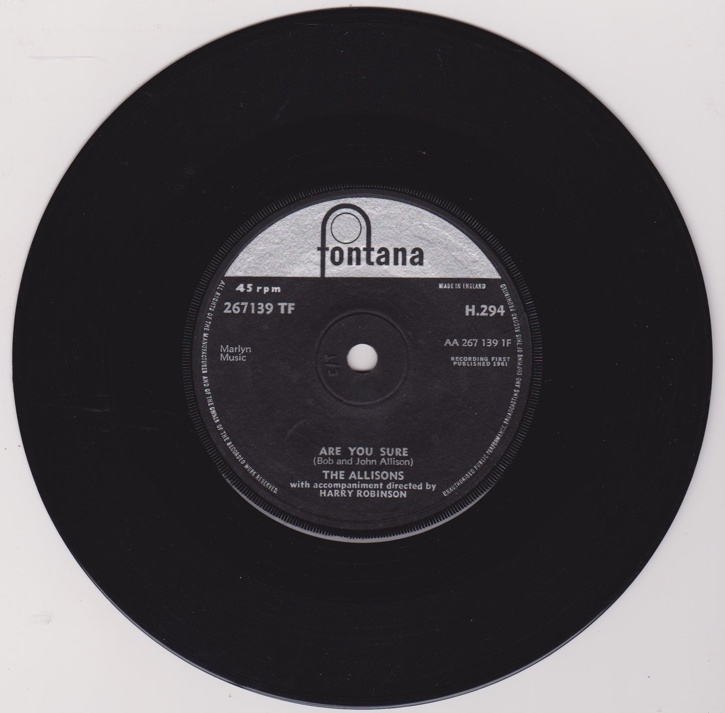 The Allisons – Are You Sure (Fontana 1961) 7" vinyl single VG/- solid centre