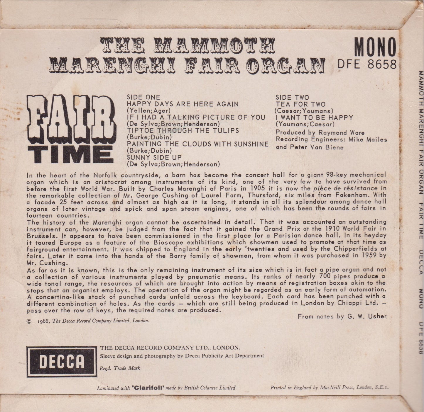 The Mammoth Marenghi Fair Organ – Fair Time (Decca 1966) 7" vinyl P/S EP VG/VG