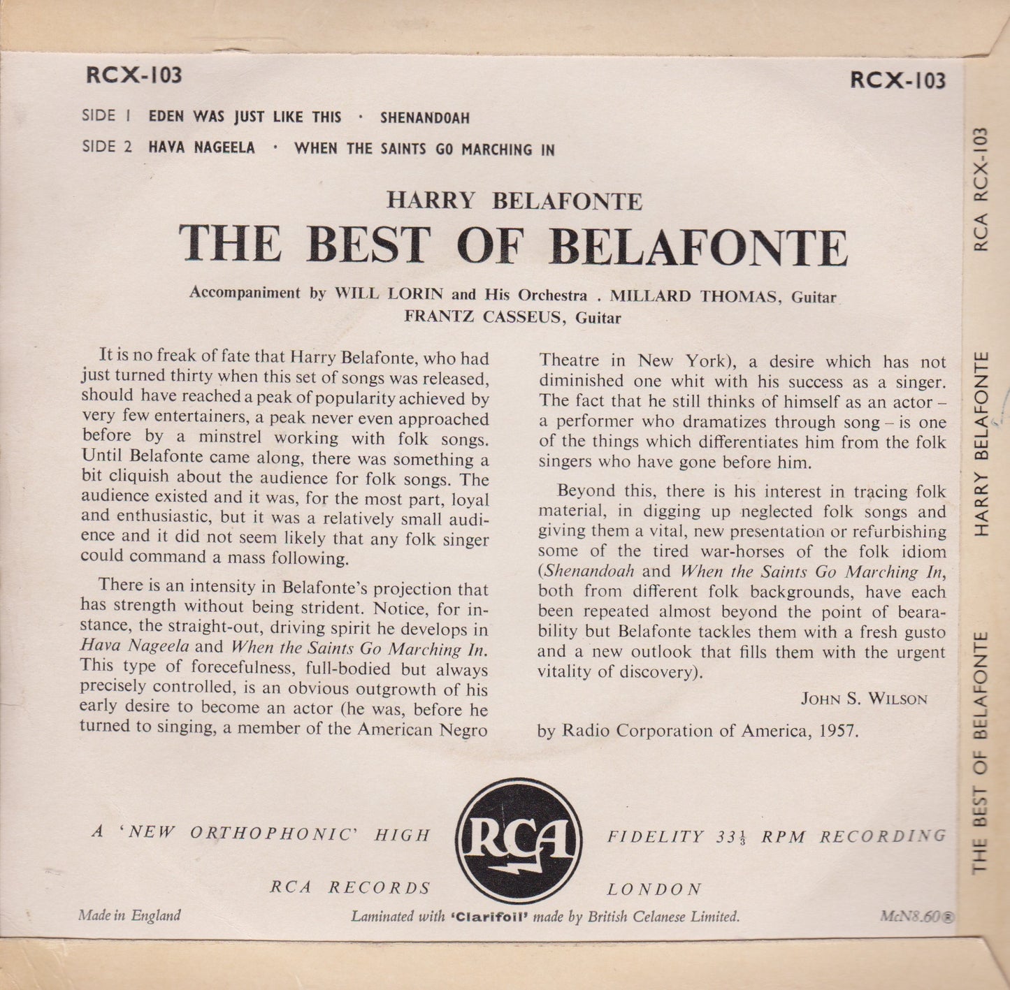 Harry Belafonte – The Best Of Belafonte (RCA 1962) 7" vinyl P/S EP VG/VG