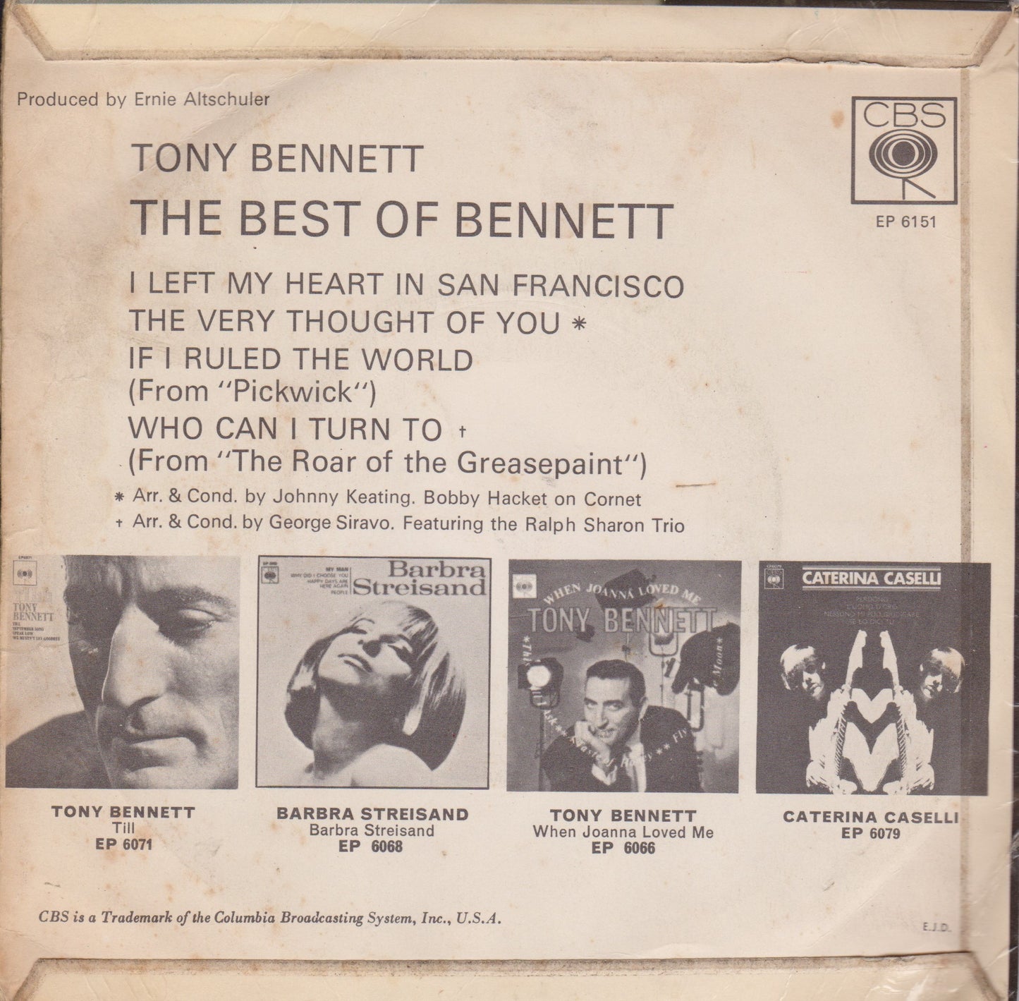 Tony Bennett – The Best Of Bennett (CBS 1967) 7" vinyl P/S EP G+/G+