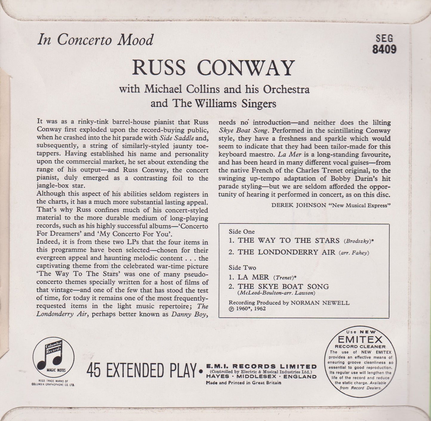 Russ Conway With Michael Collins And His Orchestra – In Concerto Mood (Columbia 1964) 7" vinyl P/S EP VG/VG