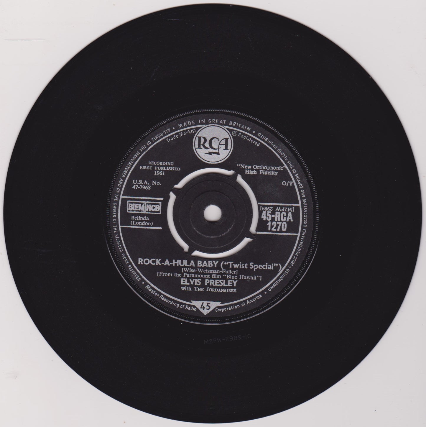Elvis Presley With The Jordanaires – Can't Help Falling In Love (RCA 1962) 7" vinyl single G+/G