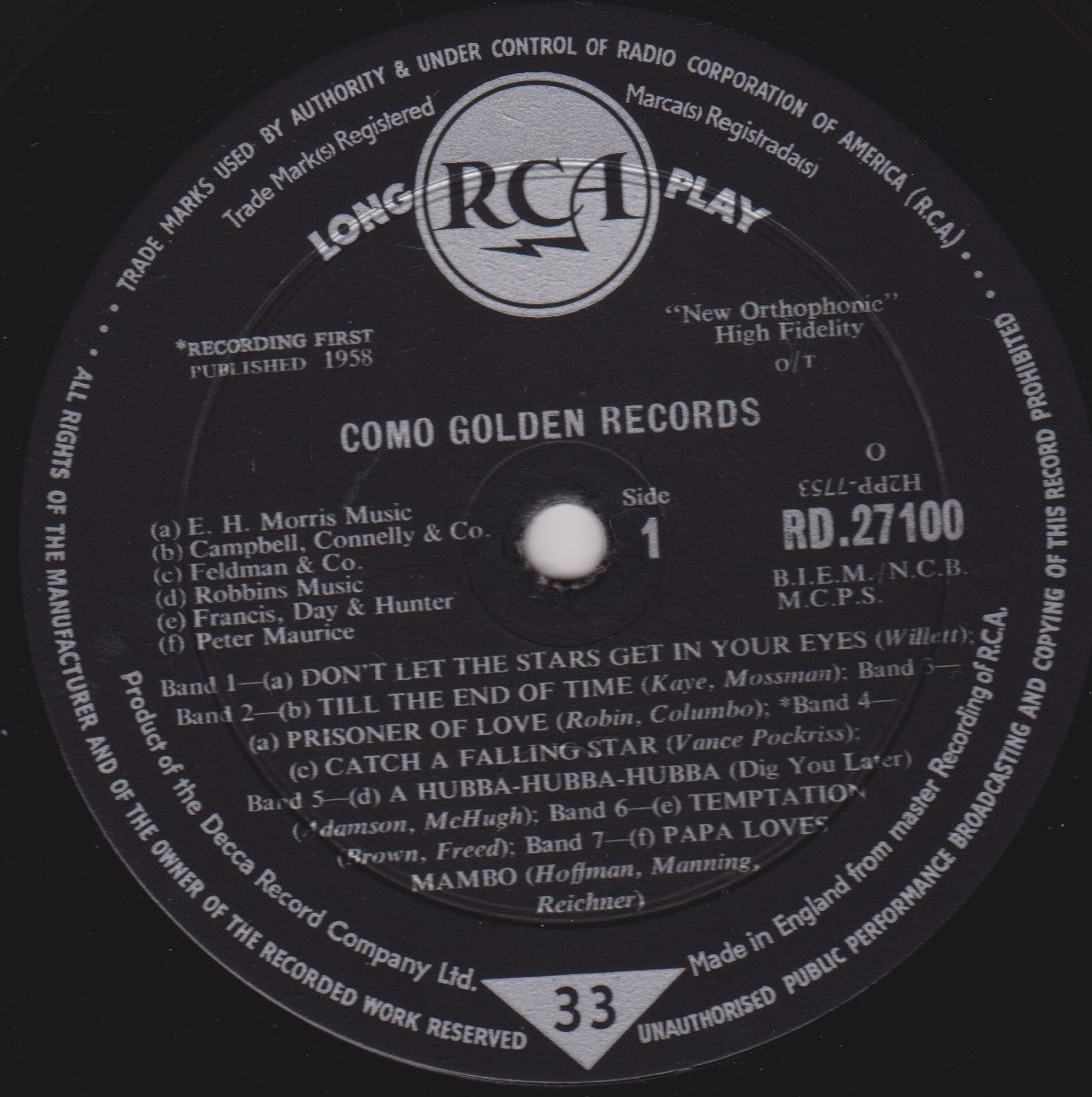 Perry Como – Como's Golden Records (RCA 1958) 12" vinyl LP VG/VG