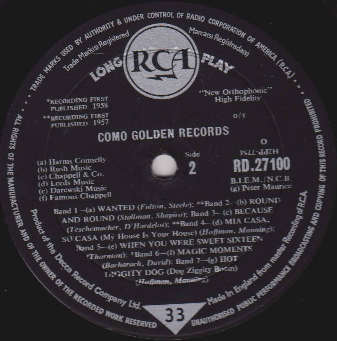 Perry Como – Como's Golden Records (RCA 1958) 12" vinyl LP VG/VG