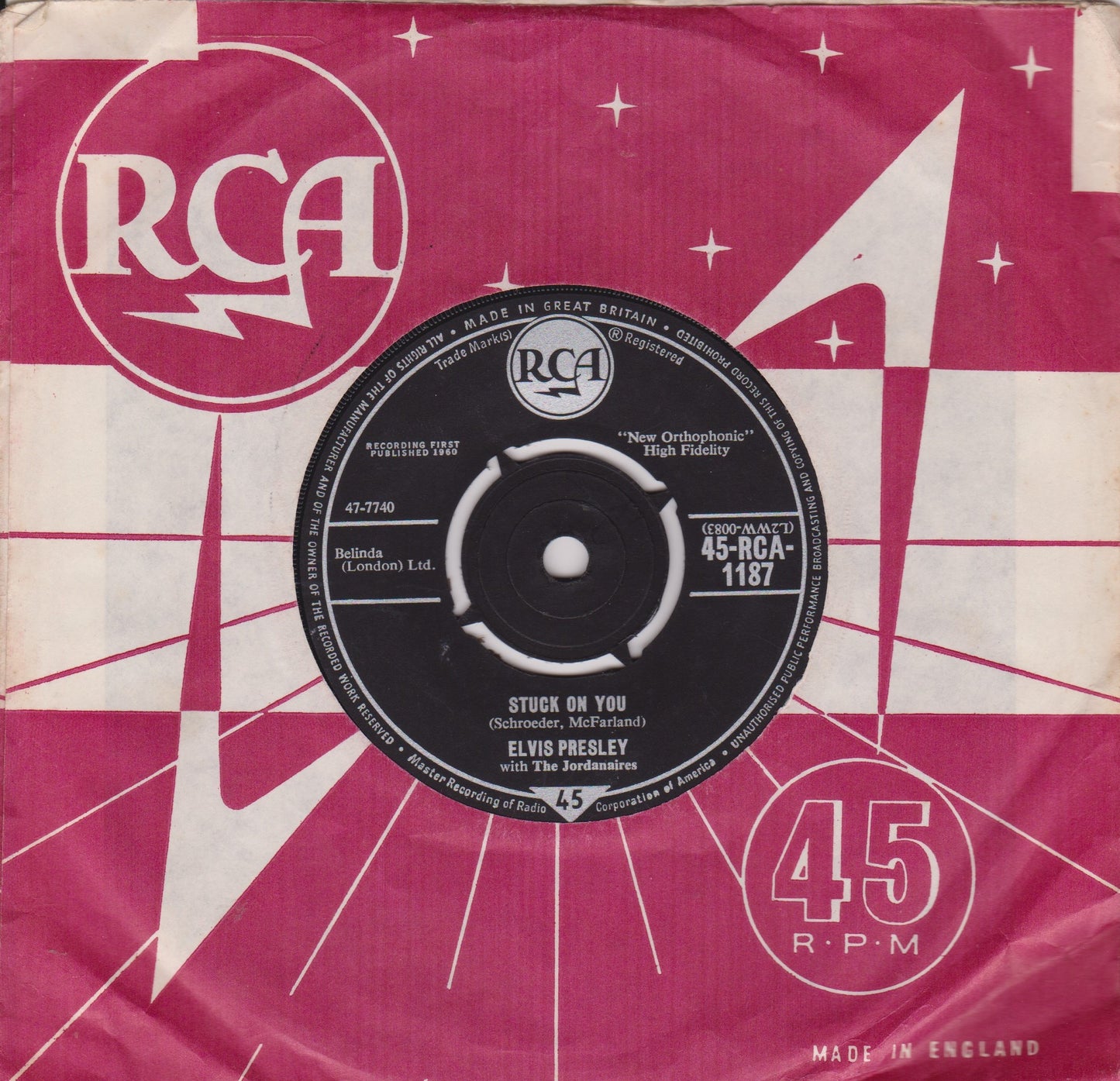 Elvis Presley With The Jordanaires – Stuck On You (RCA 1960) 7" vinyl single VG/VG