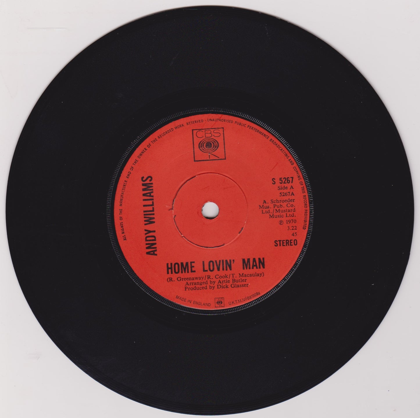 Andy Williams - Home Lovin' Man (CBS 1970) 7" vinyl single VG/-