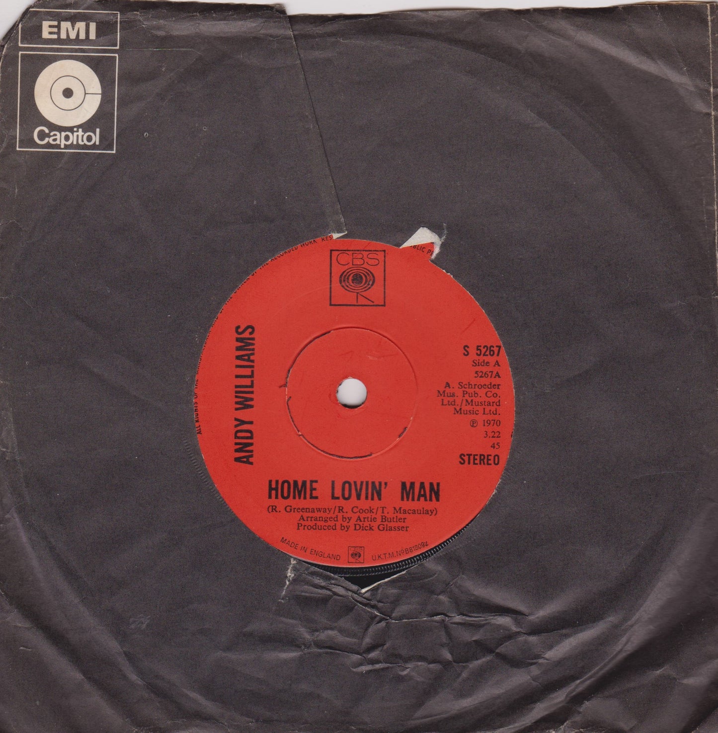Andy Williams - Home Lovin' Man (CBS 1970) 7" vinyl single VG/-