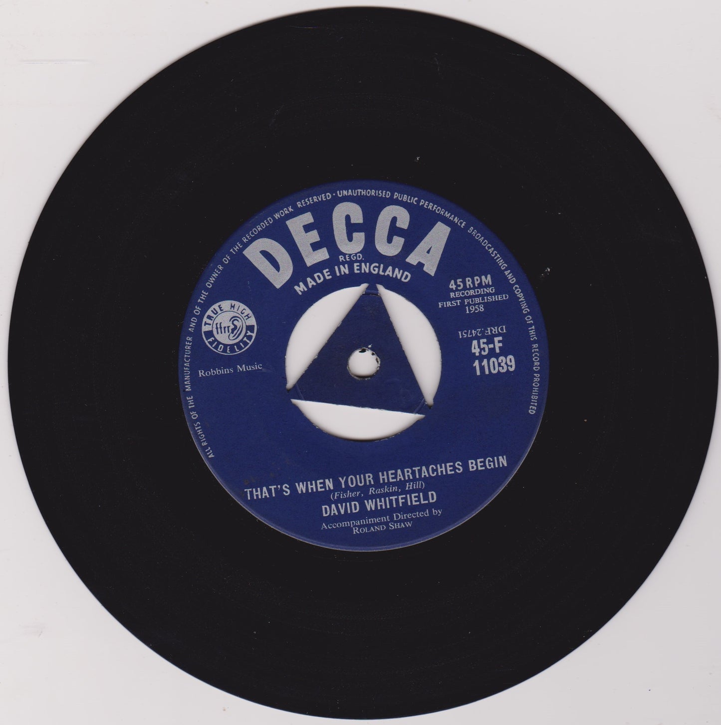David Whitfield – The Right To Love (Decca 1958) 7" vinyl single VG/-
