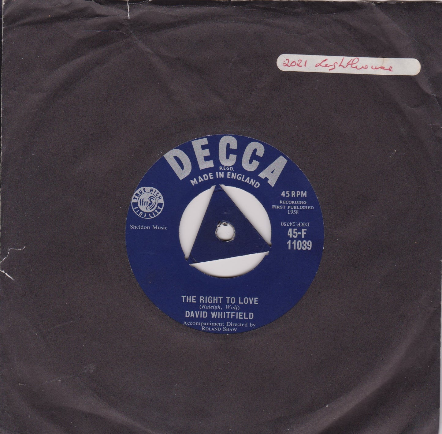 David Whitfield – The Right To Love (Decca 1958) 7" vinyl single VG/-