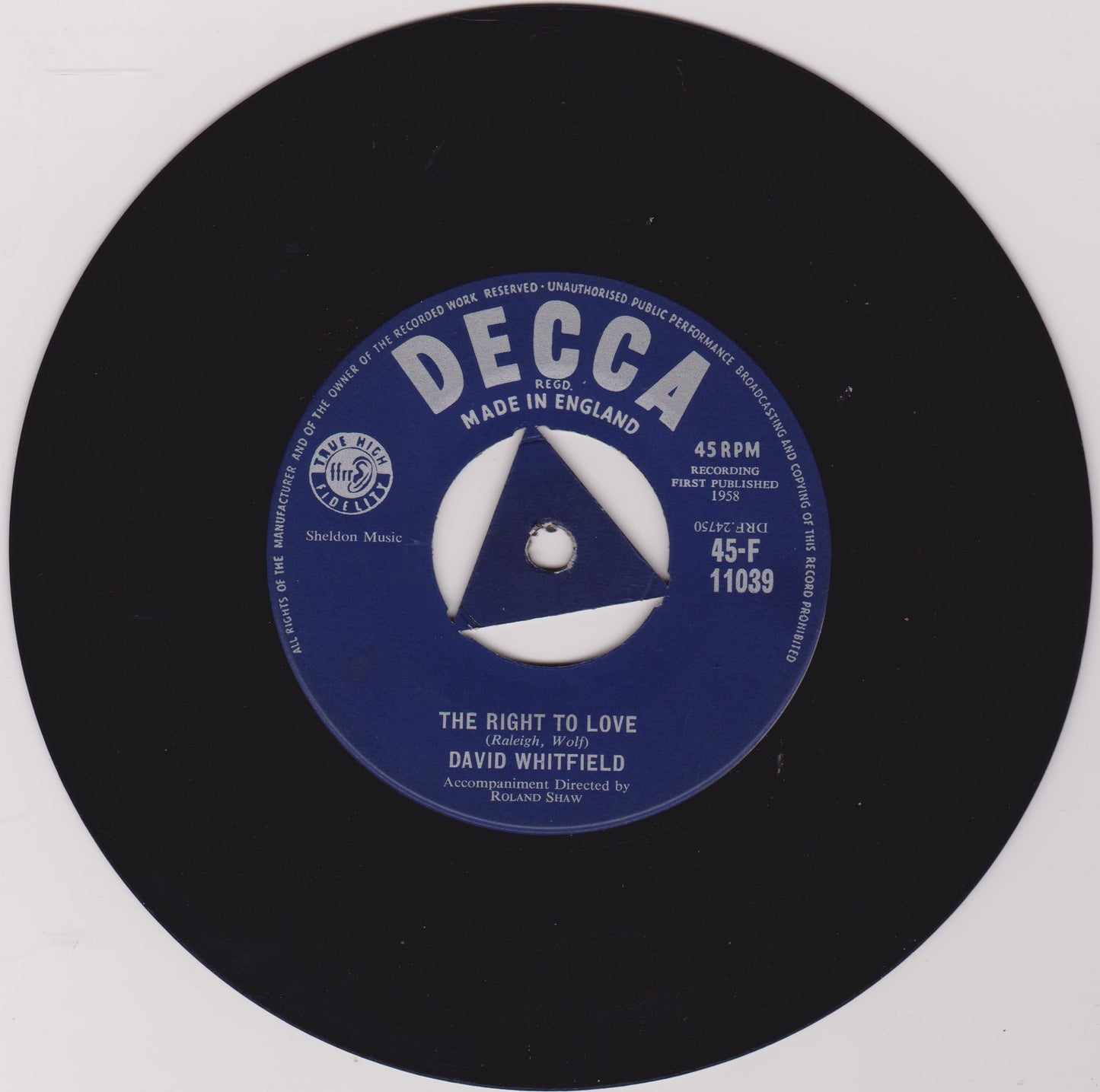 David Whitfield – The Right To Love (Decca 1958) 7" vinyl single VG/-