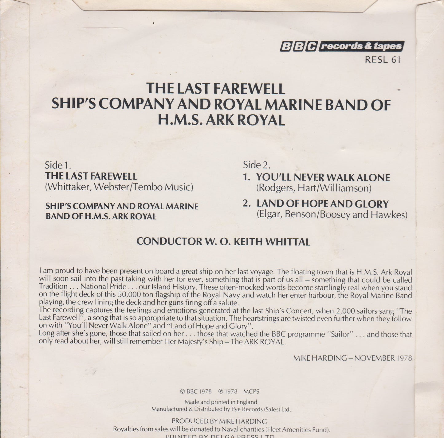 Ship's Company And Royal Marine Band Of H.M.S. Ark Royal – The Last Farewell 7" vinyl P/S single G+/VG
