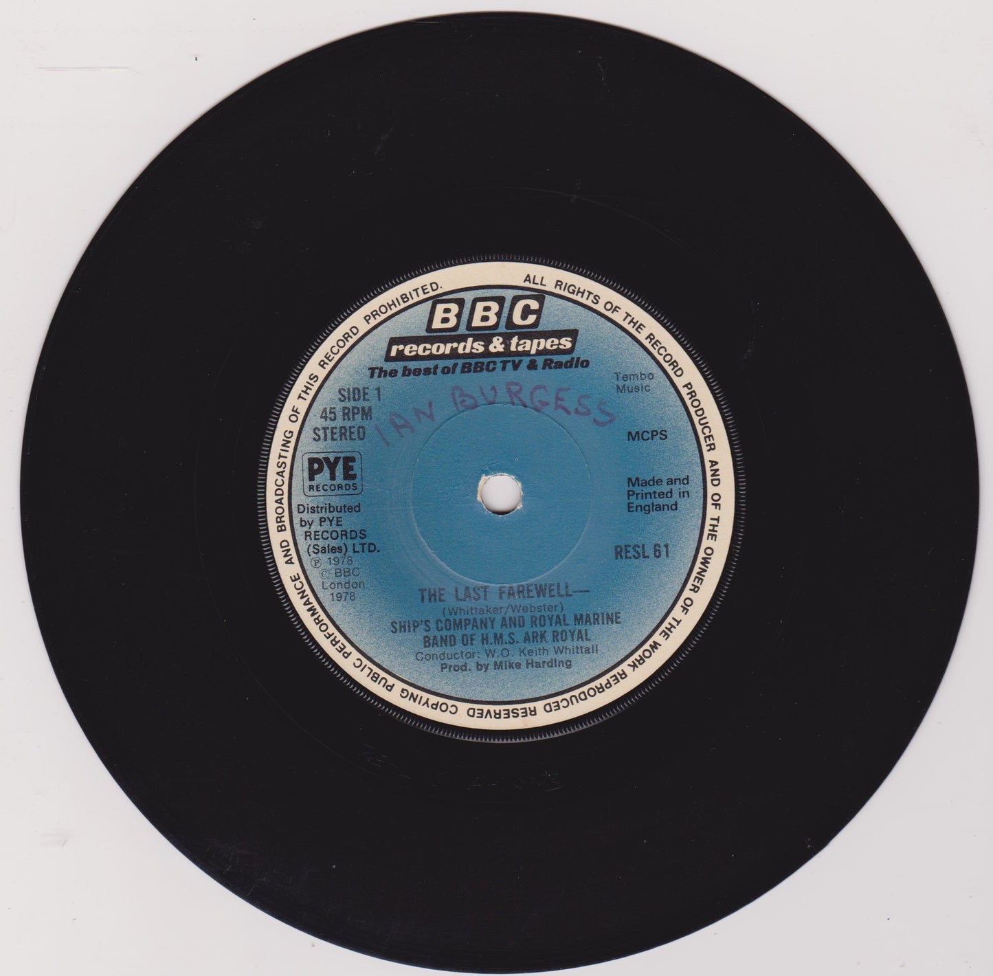 Ship's Company And Royal Marine Band Of H.M.S. Ark Royal – The Last Farewell 7" vinyl P/S single G+/VG