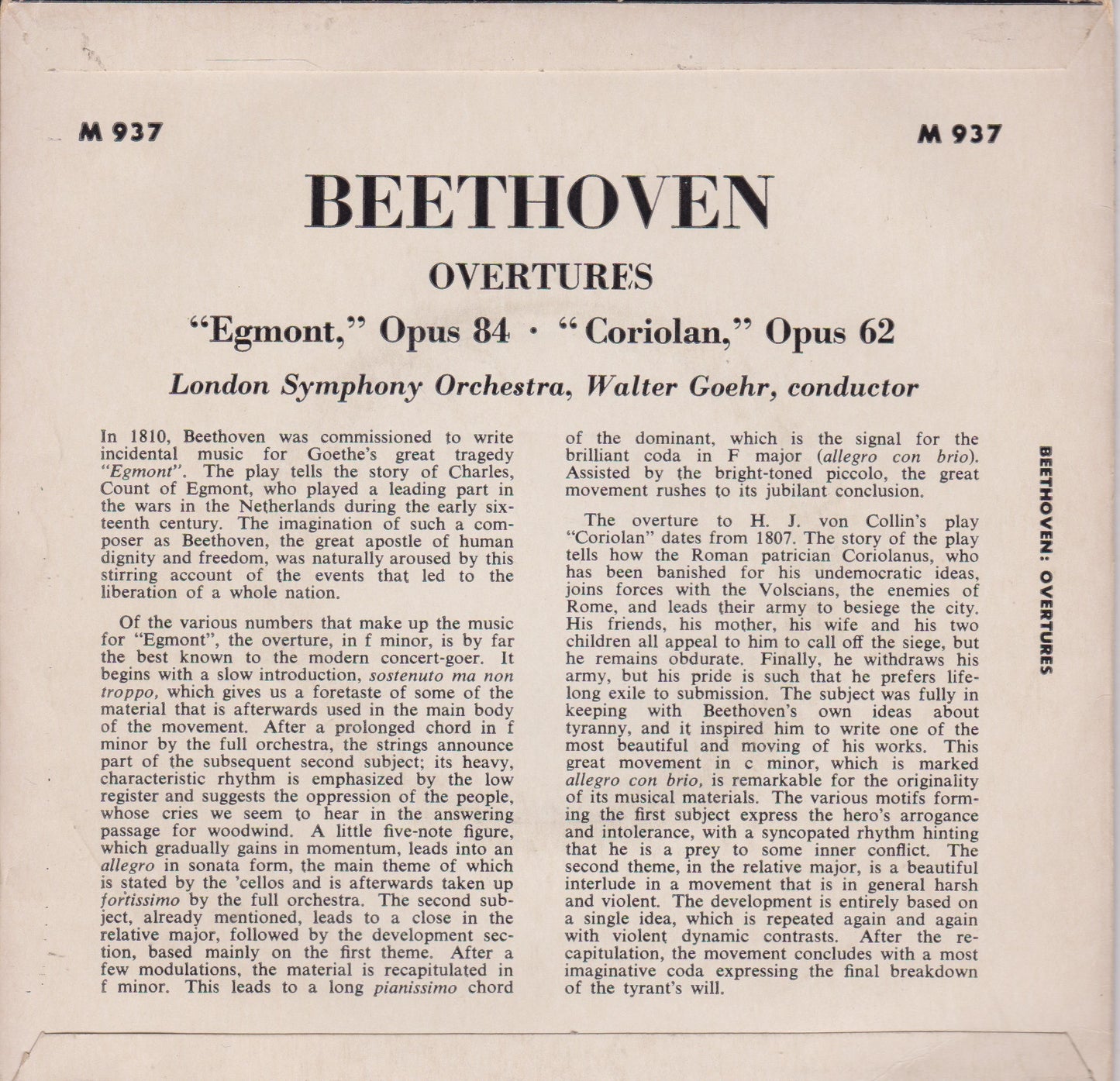 Beethoven, London Symphony Orchestra, Walter Goehr – Overtures 7" vinyl P/S EP VG/VG