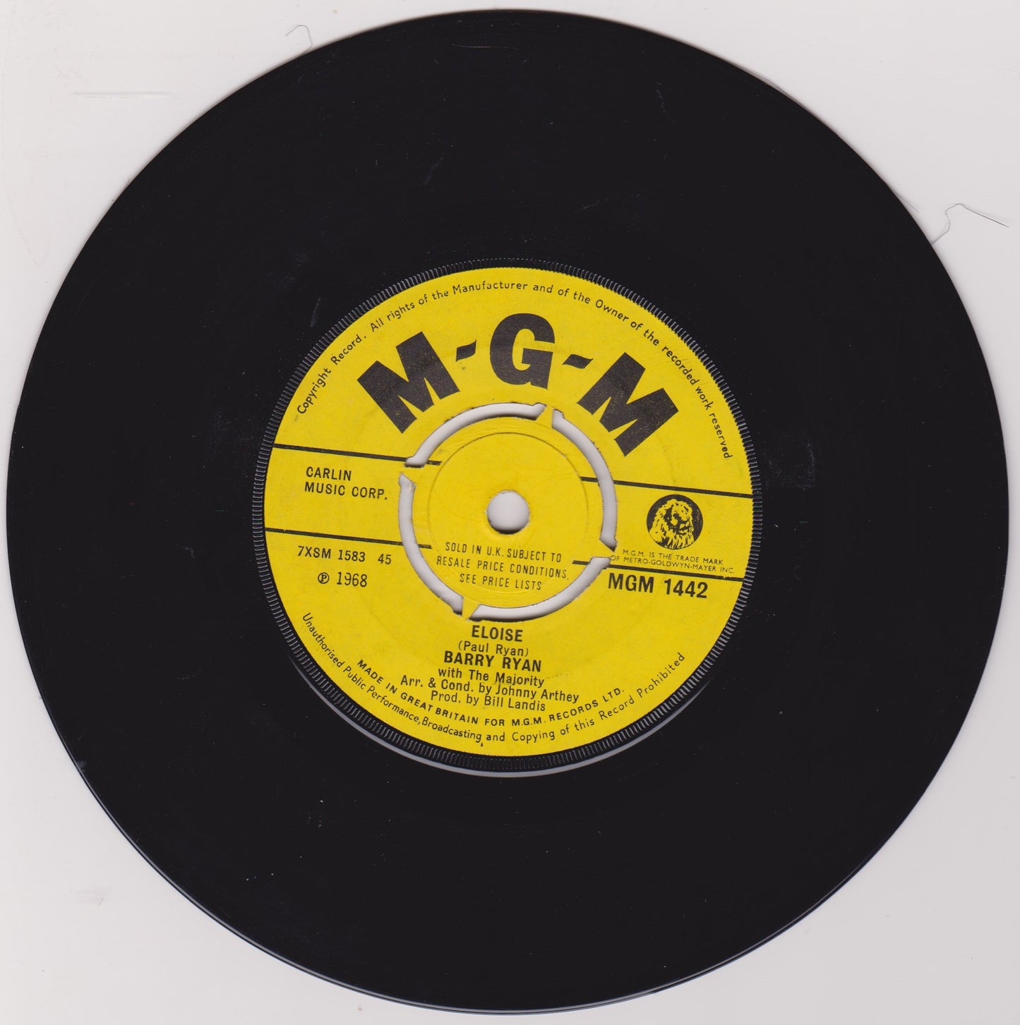 Barry Ryan – Eloise (MGM 1968) 7" vinyl single VG/-