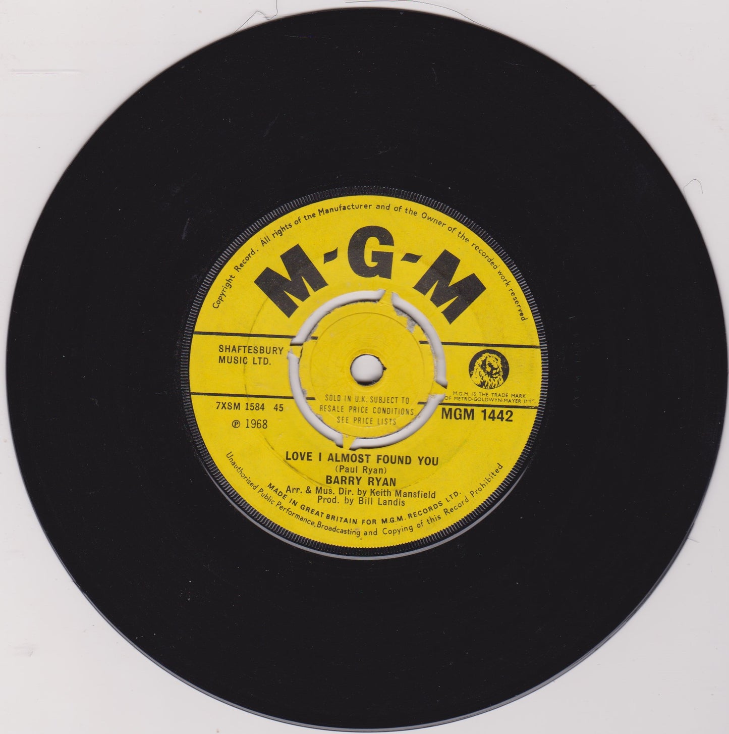 Barry Ryan – Eloise (MGM 1968) 7" vinyl single VG/-