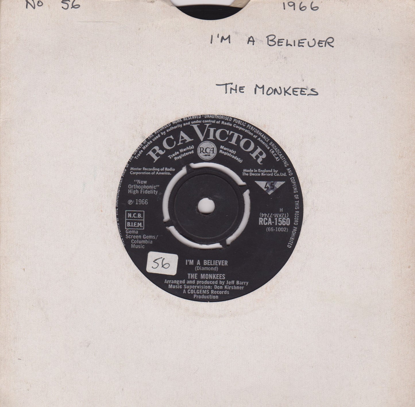 The Monkees – I'm A Believer (RCA 1966) 7" vinyl single VG/-