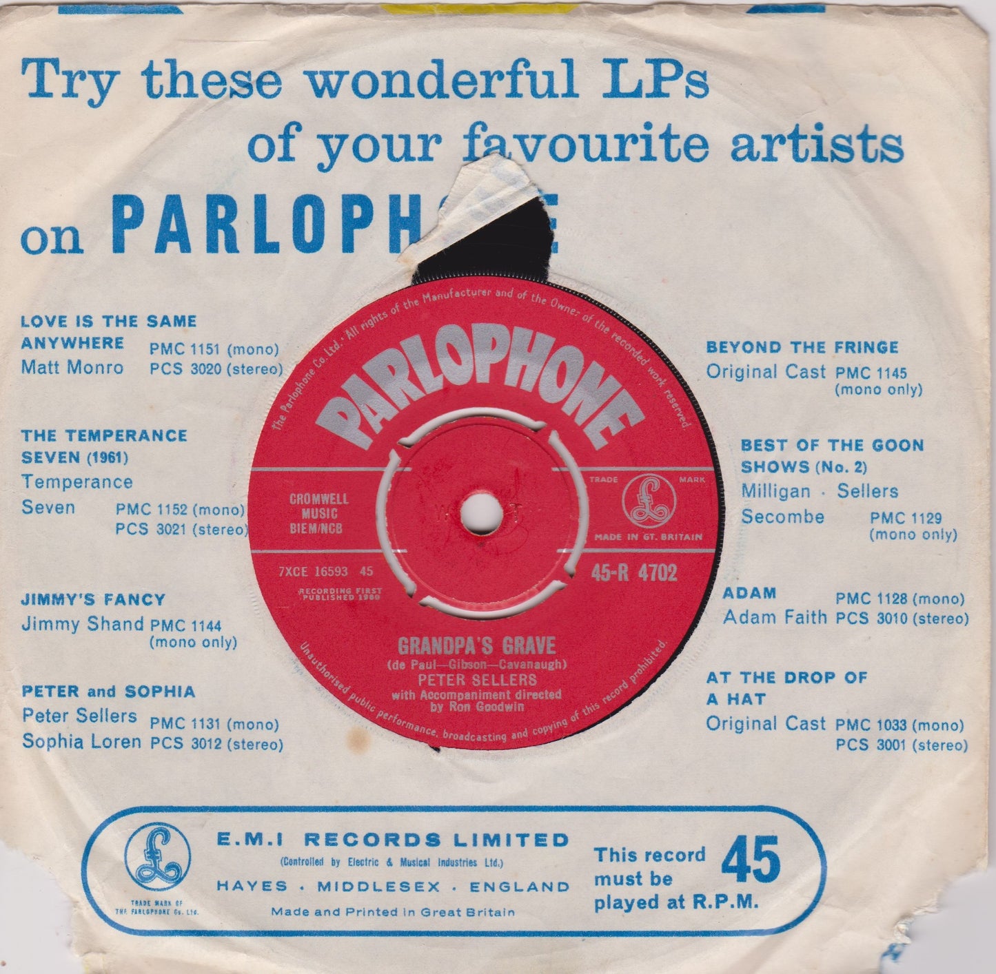 Peter Sellers & Sophia Loren – Goodness Gracious Me! (Parlophone 1960) 7" vinyl single VG/G